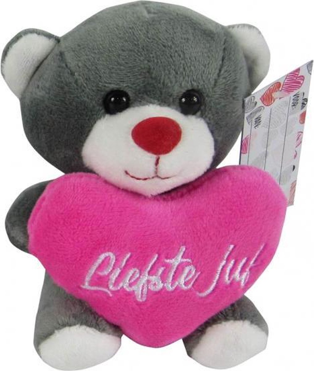 knuffelbeer Liefste Juf junior 12 cm pluche grijs/roze