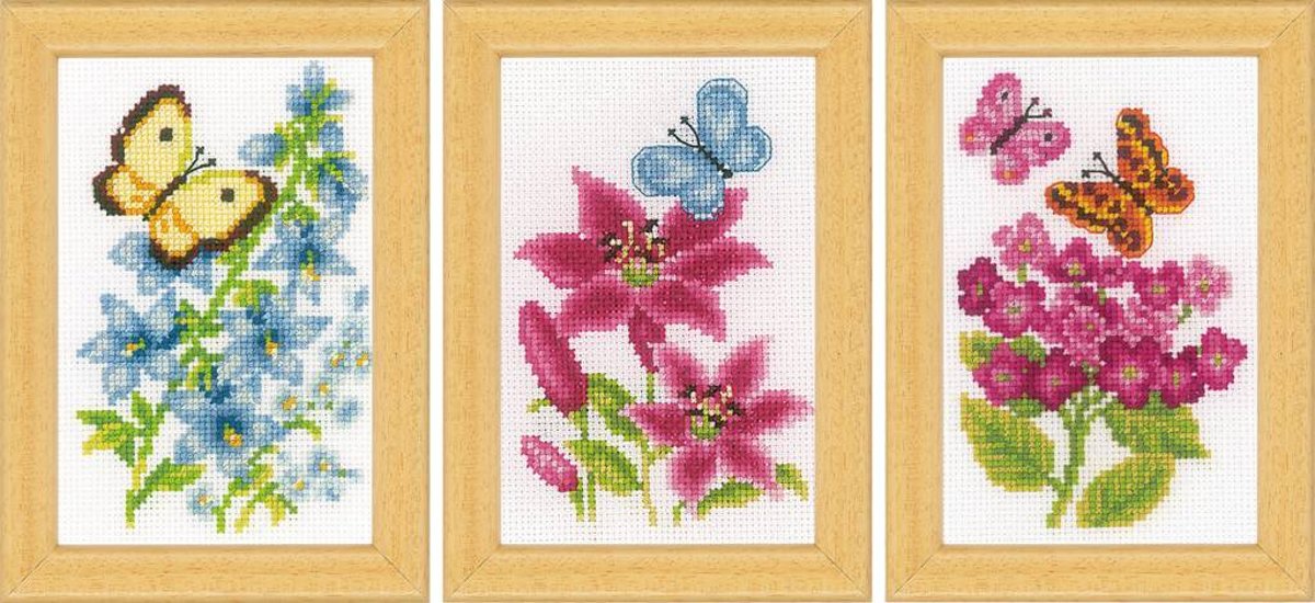 Borduurpakket Bloemen en Vlinders set van 3 miniatuur