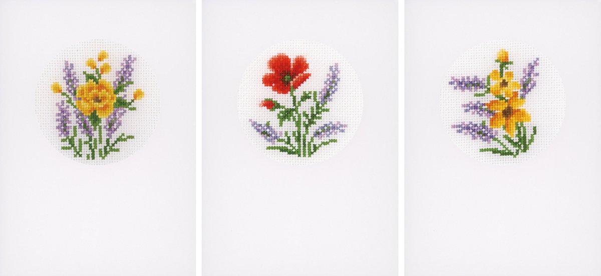 Vervaco borduurpakket  wenskaart kit bloemen en lavendel set van 3   (10,5 x 15 cm)