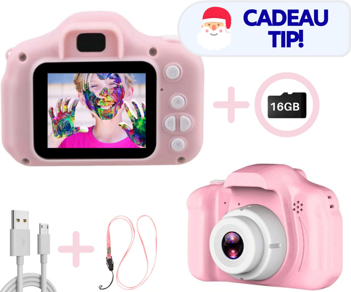 Digitale kinder camera roze (meisjes) - Met Videofunctie - HD 1080p video - 12MP Foto - Incl. Handig Keycord - Incl. 16GB MicroSD kaart