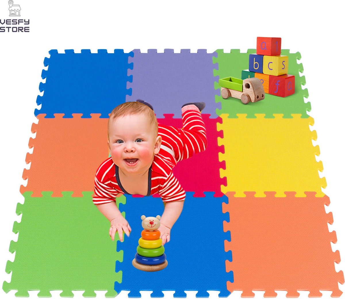 Vesfy Store ® Multicolor Speelmat - 9 delig Puzzel van Schuim Vloer Tegels in 9 Kleuren - 32 x 32x1 cm - Zacht en Dik EVA Foam - Antislip en Waterafstotend - Educatief Speel Kleed voor Baby/Peuters/Kinderen vanaf 0 jaar - Jongens en Meisjes