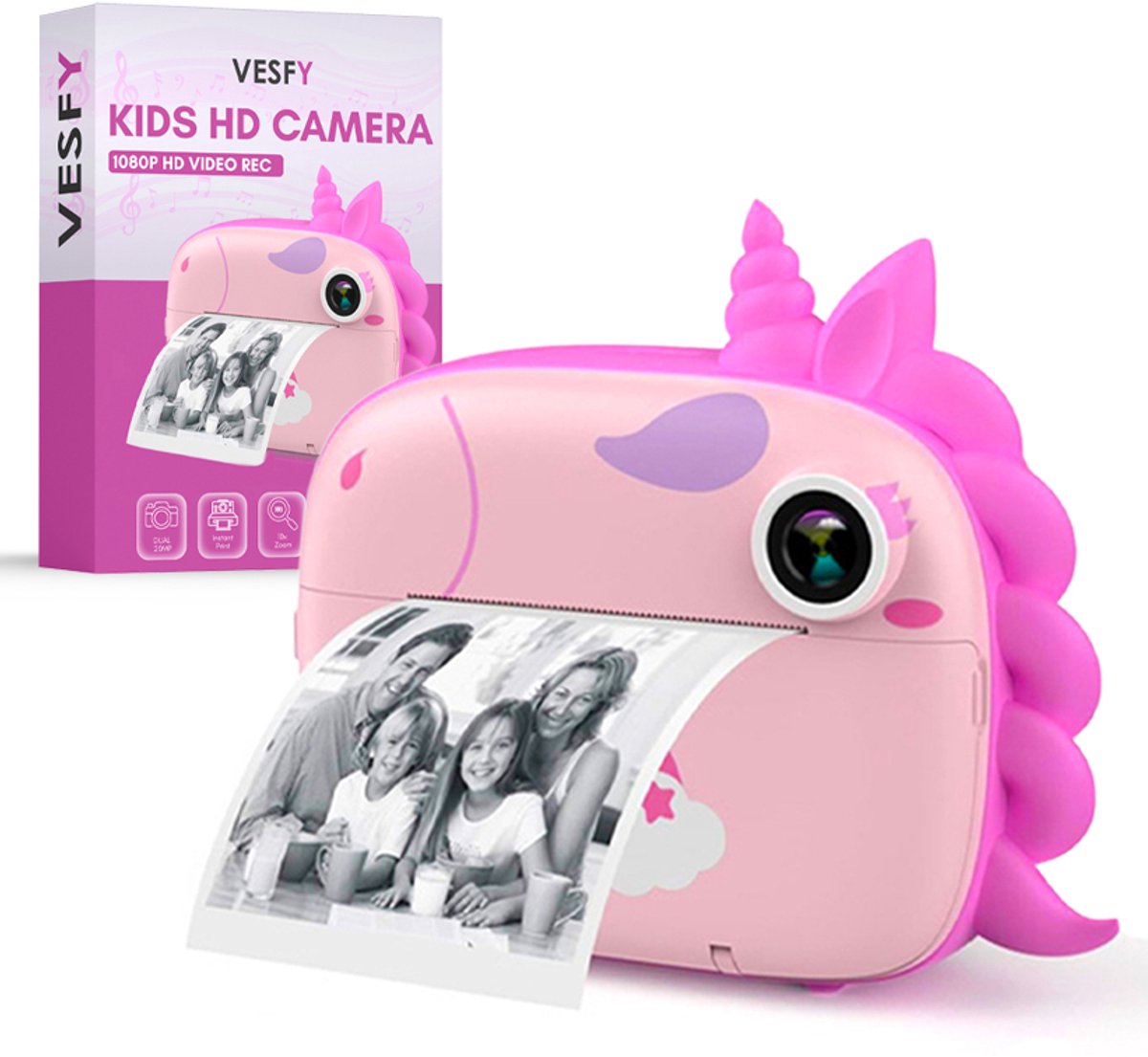   3-in-1 Kindercamera met Fotoprinter - 1080P HD - 32GB - USB Oplaadbaar - Inclusief 3 Printrollen - 3 Spelmodi - Selfie & Video