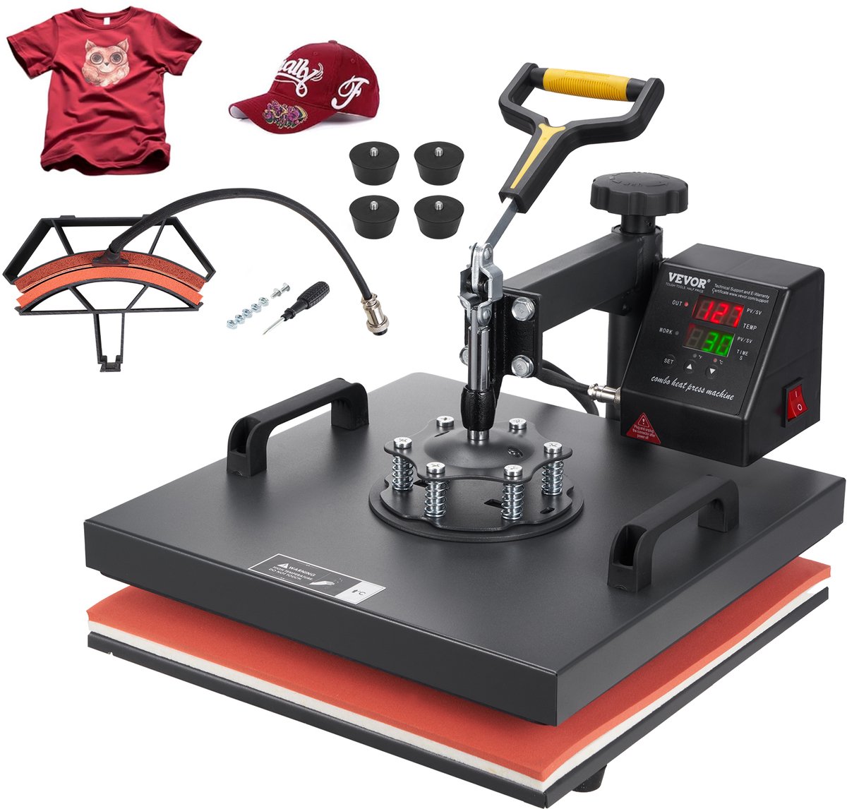 VEVOR Warmtepersmachine 2 in 1 Sublimatie Machine 1500W Warmteoverdrachtsprinter met LCD Digitaal Display en Instelbare Druk Geschikt voor T-shirts Petten Keramische Platen en Vele Andere Materialen