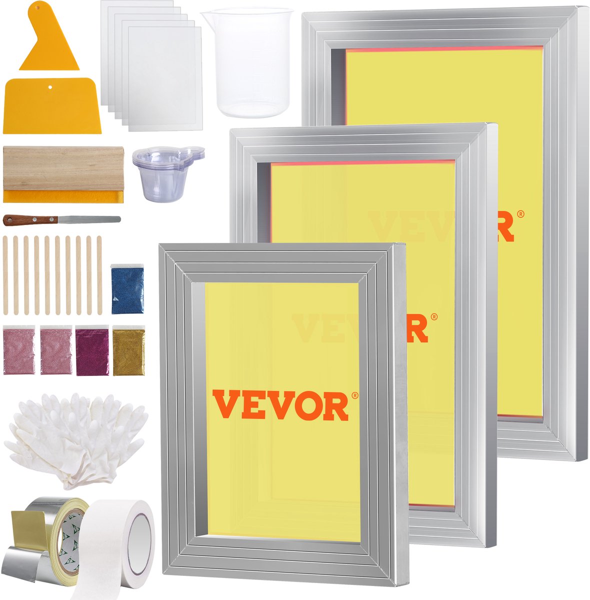 VEVOR Zeefdrukkit, 3 Stuks Aluminium Zeefdrukframe 6x10/8x12/10x14 Inch 110 Mesh, 5 Glitter & Zeefdruk Rakels & Folies voor T-Shirts, Doe-Het-Zelf Bedrukking Etc