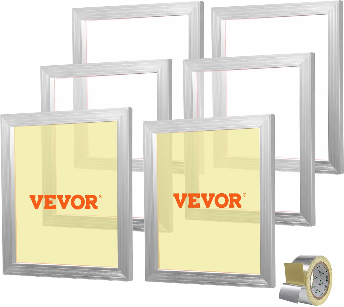 VEVOR Zeefdrukkit, 6 Stuks Aluminium Zeefdrukframes, 18 X 20 Inch Zeefdrukframe met 160 Mesh, Hoogspanning Nylon Gaas en Afdichtingstape voor T-Shirts, Doe-Het-Zelf Afdrukken, enz