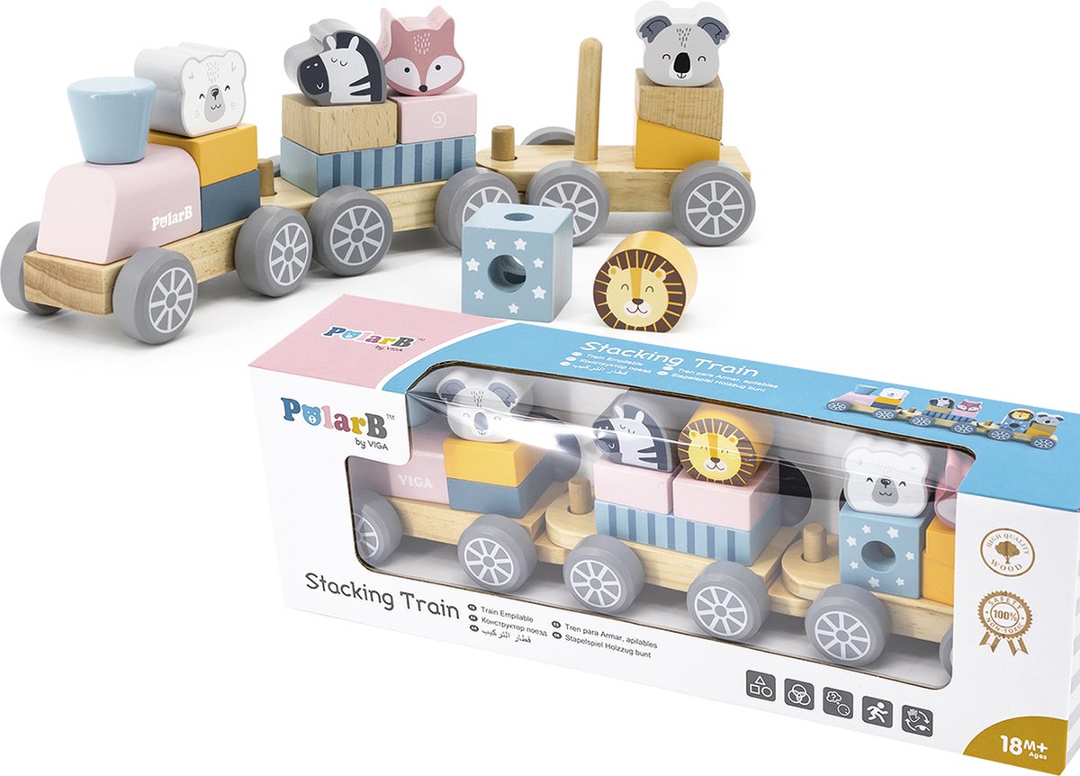 PolarB By ViGa - Houten speel trein met dieren en blokjes - Motoriek **Cadeau Tip** 18m+