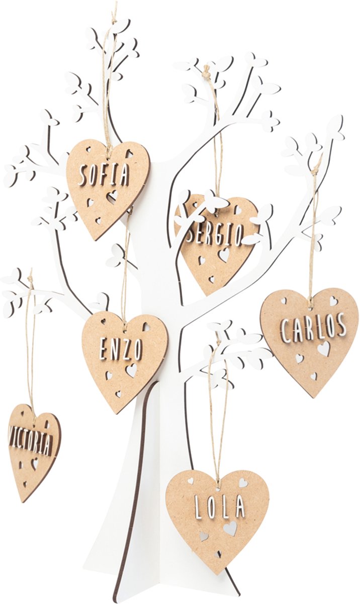 Vintiun - Family Tree - Naam Liefdes Boom - Personaliseerbaar - Hout - Hartjes hangers