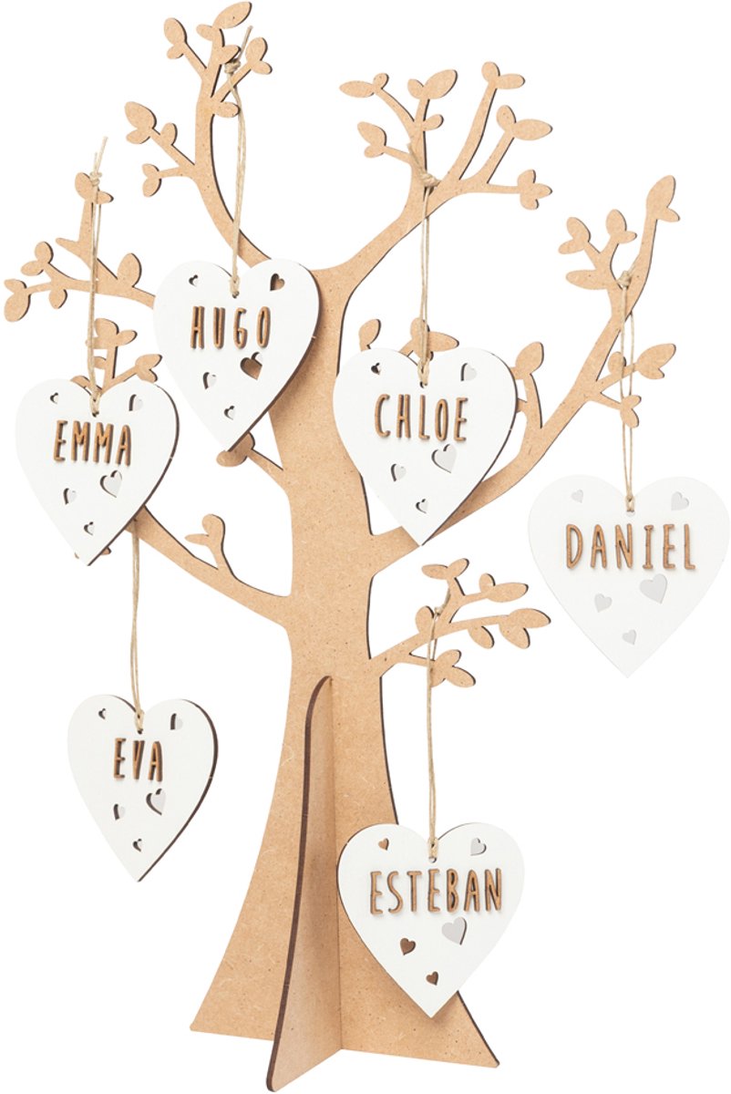 Vintiun - Family Tree - Naam Liefdes Boom - Personaliseerbaar - Hout - Hartjes hangers