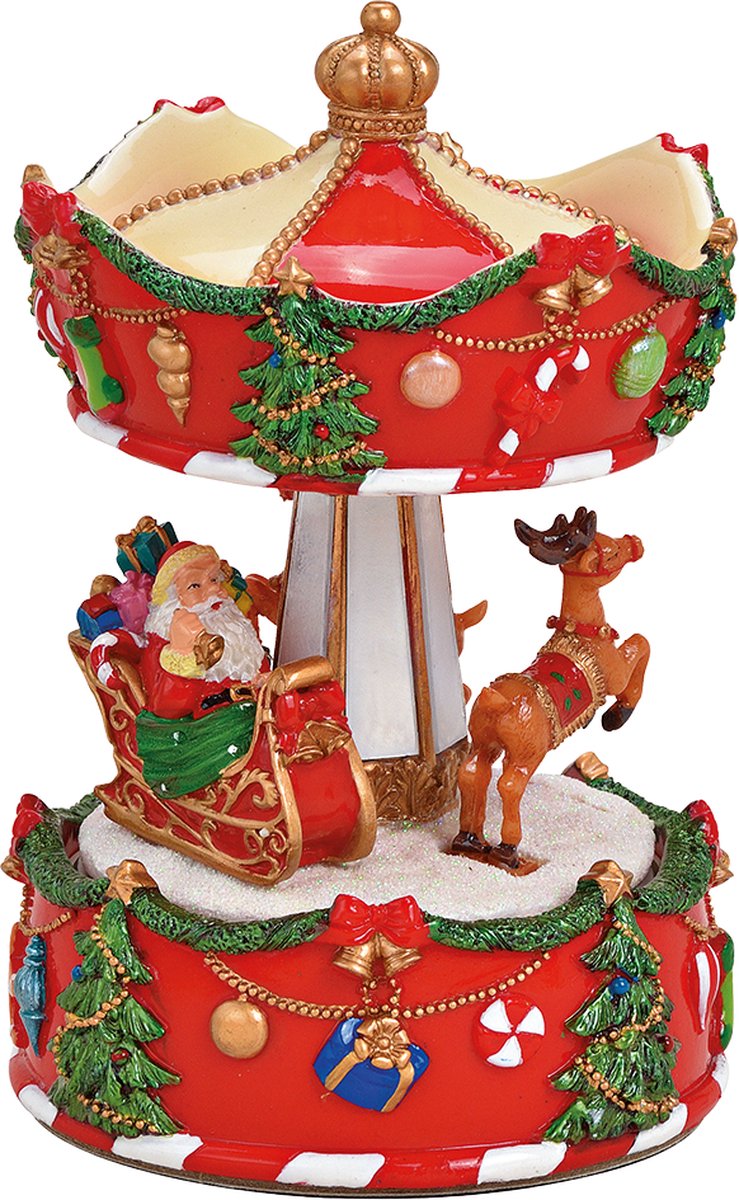 Viv! Christmas Kerst Muziekdoos - Draaimolen met Kerstman in slee en rendieren - rood wit groen - 17 cm