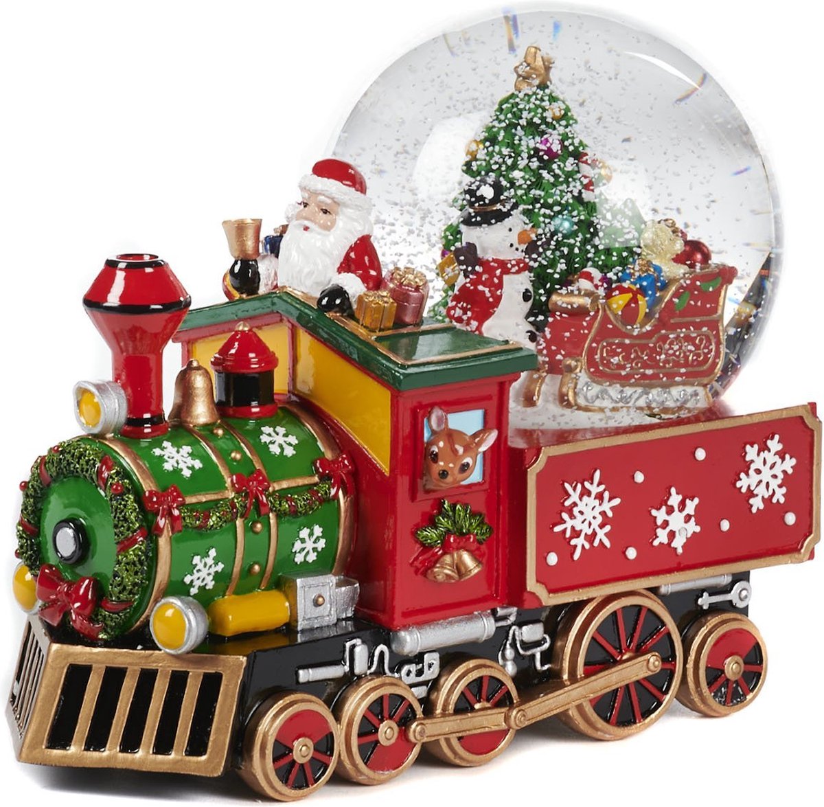   Kerst Sneeuwbol incl. muziekdoos - Kerstman in trein - rood - 22cm