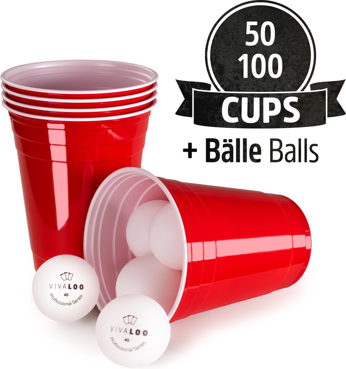 VIVALOO Bierspel – Drankspel - Set van 50 Plastic Bekers en 6 Beer Pong Ballen – Feest Wegwerpbekers – Rood - 455 ml