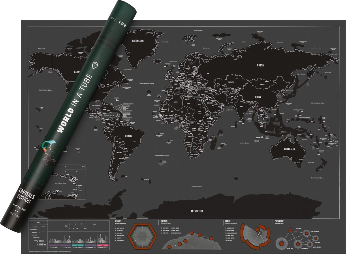 Vivaloo Kras wereldkaart, kraskaart, Scratch Map, met hoofdstad van idere land