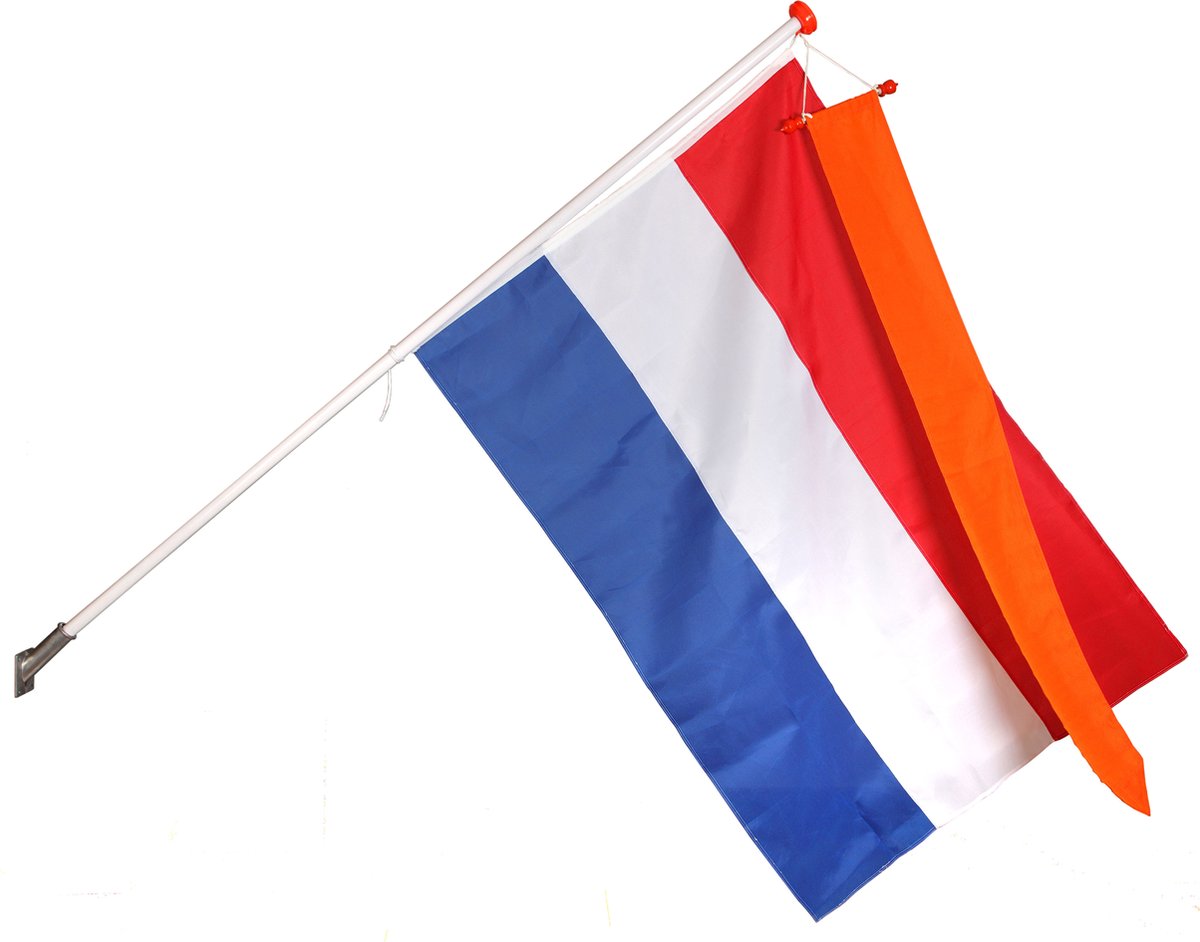 Vlag Voordeel Pakket: Aluminium Vlaggenstok + Gevelhouder + Nederlandse Vlag + Oranje Wimpel - Koningsdag