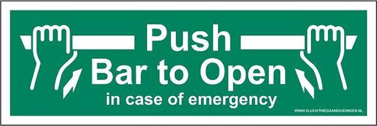 Push bar to open - in case of emergency - glow in the dark - 300 x 100 mm - evacuatie pictogram - nalichtend - sticker - veiligheidssticker