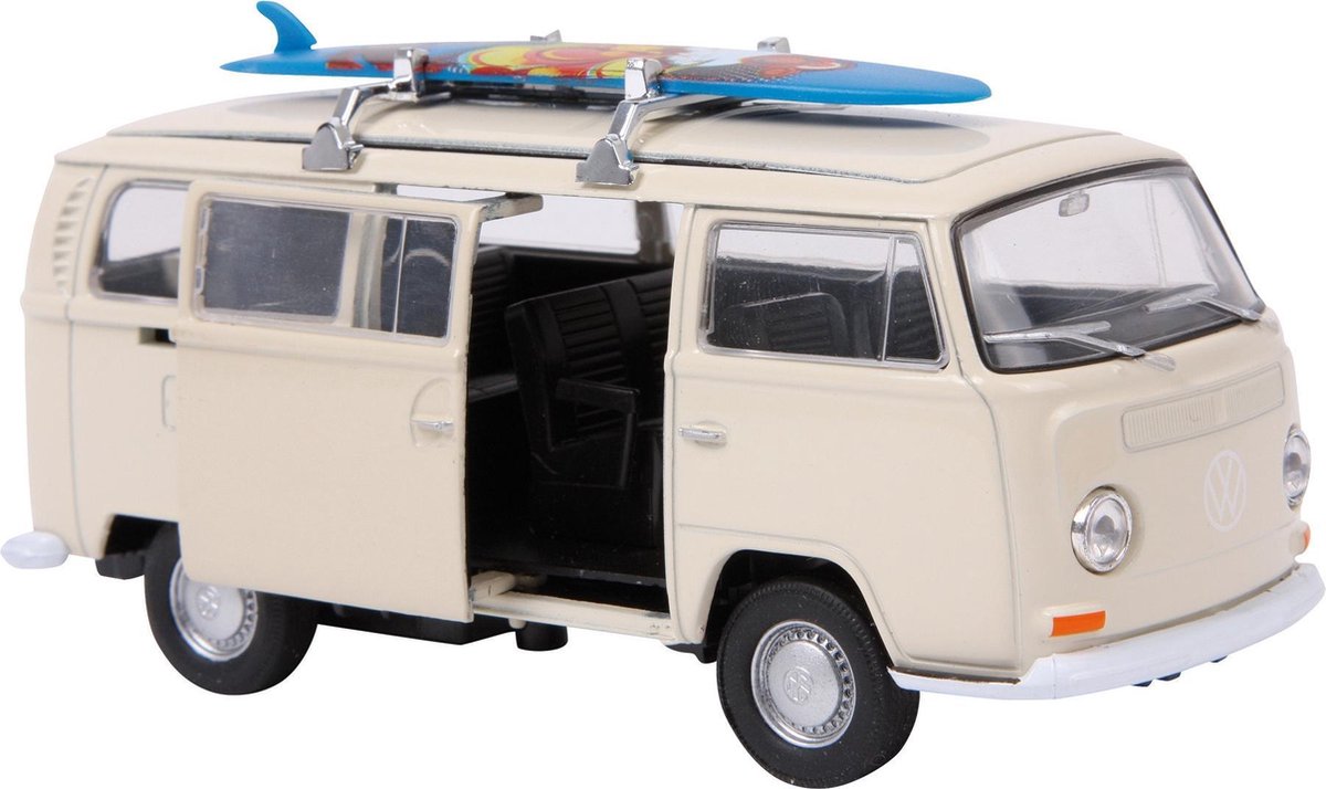 Modelauto Volkswagen bus T2 wit met surfplank 11 cm - Schaal 1:34 - Speelgoed auto schaalmodel - Miniatuur Volkswagen hippie busjes model auto