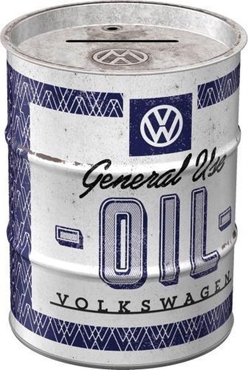 Spaarpot - Volkswagen General Use Oil - in exclusief design als een olievat. hersluitbaar