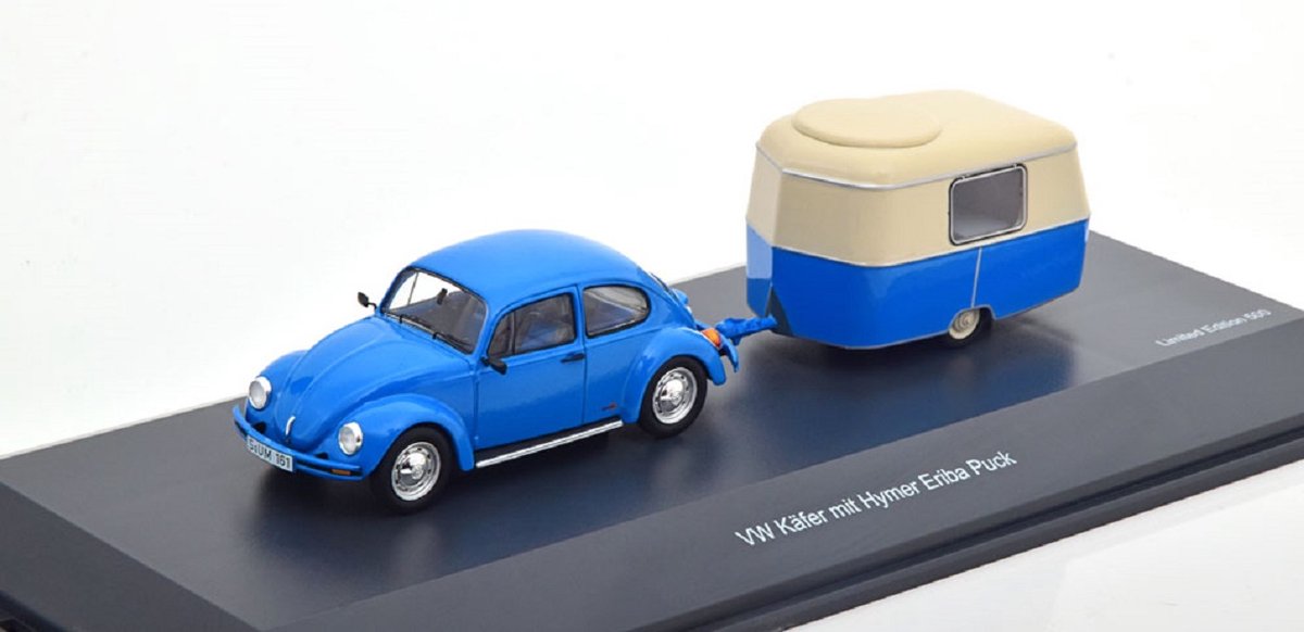 Volkswagen Kever 1600i met Eriba Puck Woonwagen Blauw / Creme 1-43 Schuco Limited 500 Pieces