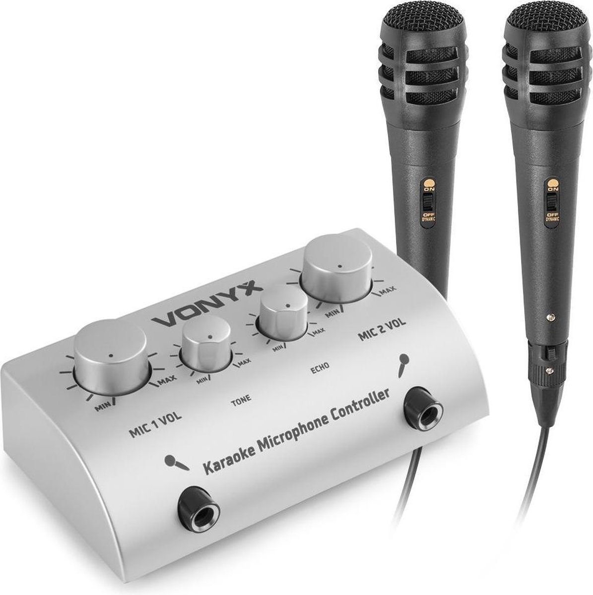 Karaoke set - Vonyx AV430 - Microfoons, mixer en kabel voor telefoon, tablet of laptop - Maak van je eigen stereo set een karaoke set! - Zilver