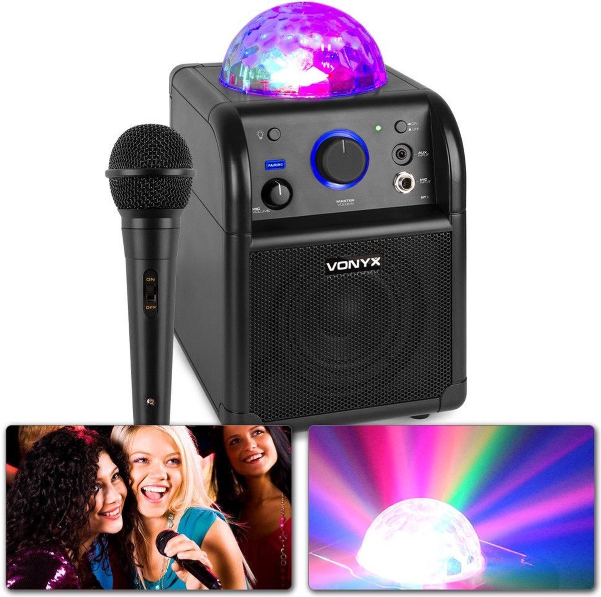 Karaoke set - Vonyx SBS50B Zwarte karaoke set op accu met Bluetooth, microfoon met echo effect en LED lichteffect - Direct zingen of feesten!