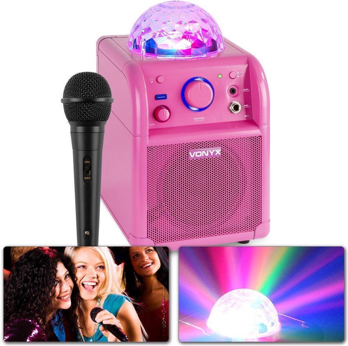 Karaoke set - Vonyx SBS50P Roze karaoke set op accu met Bluetooth, microfoon met echo effect en LED lichteffect - Direct zingen of feesten!