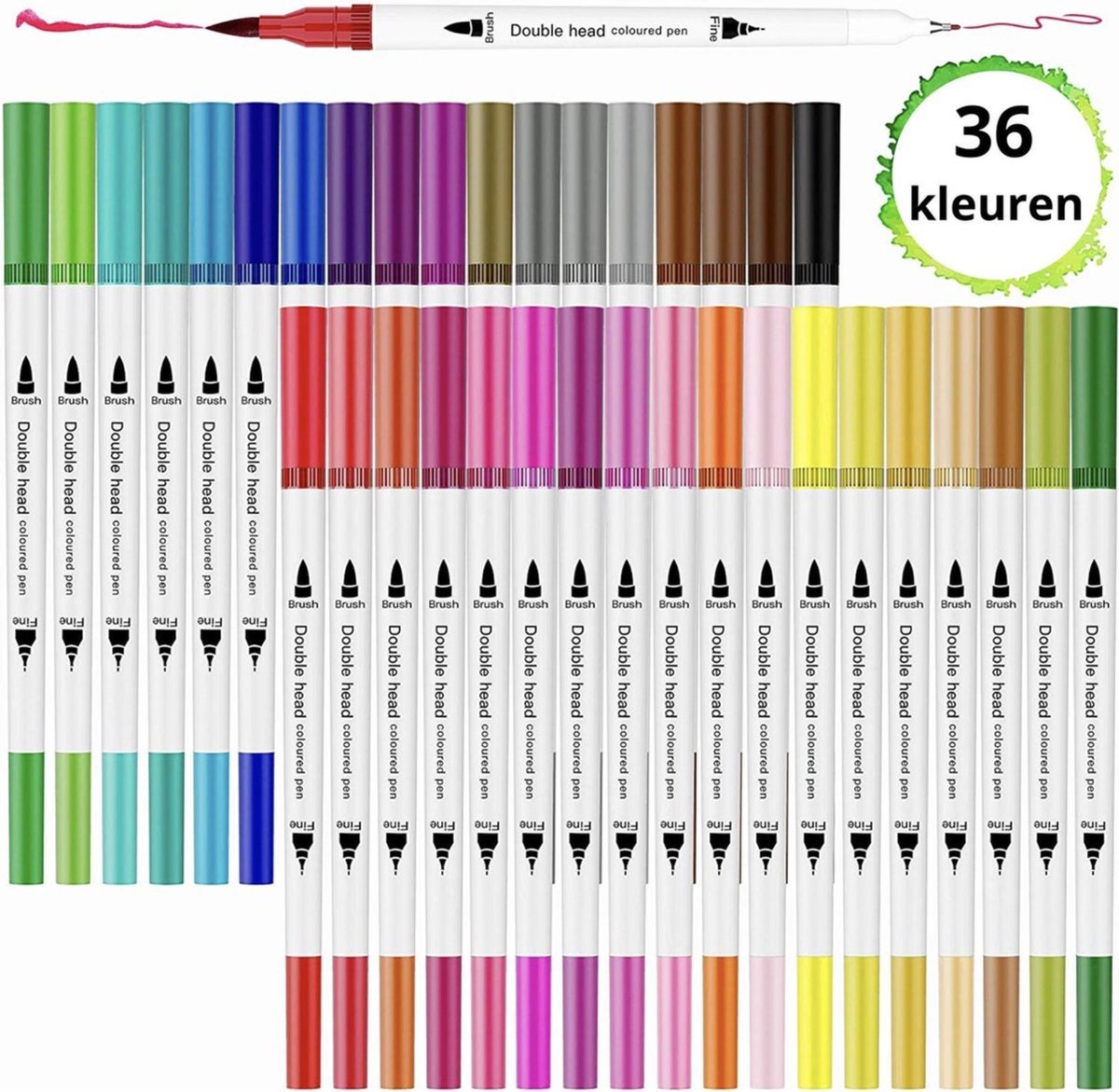 VoordeelShop Professionele 36 Kleuren Dual Brush Pennen Set - Bullet journal pennen - Brush pennen - Kalligrafie - Handlettering - Twinmarkers - Accesoires