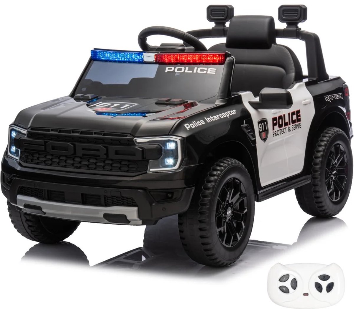 Ford Raptor Elektrische Politieauto 12V - voor Kinderen - 1 tot 5 jaar - Zwart