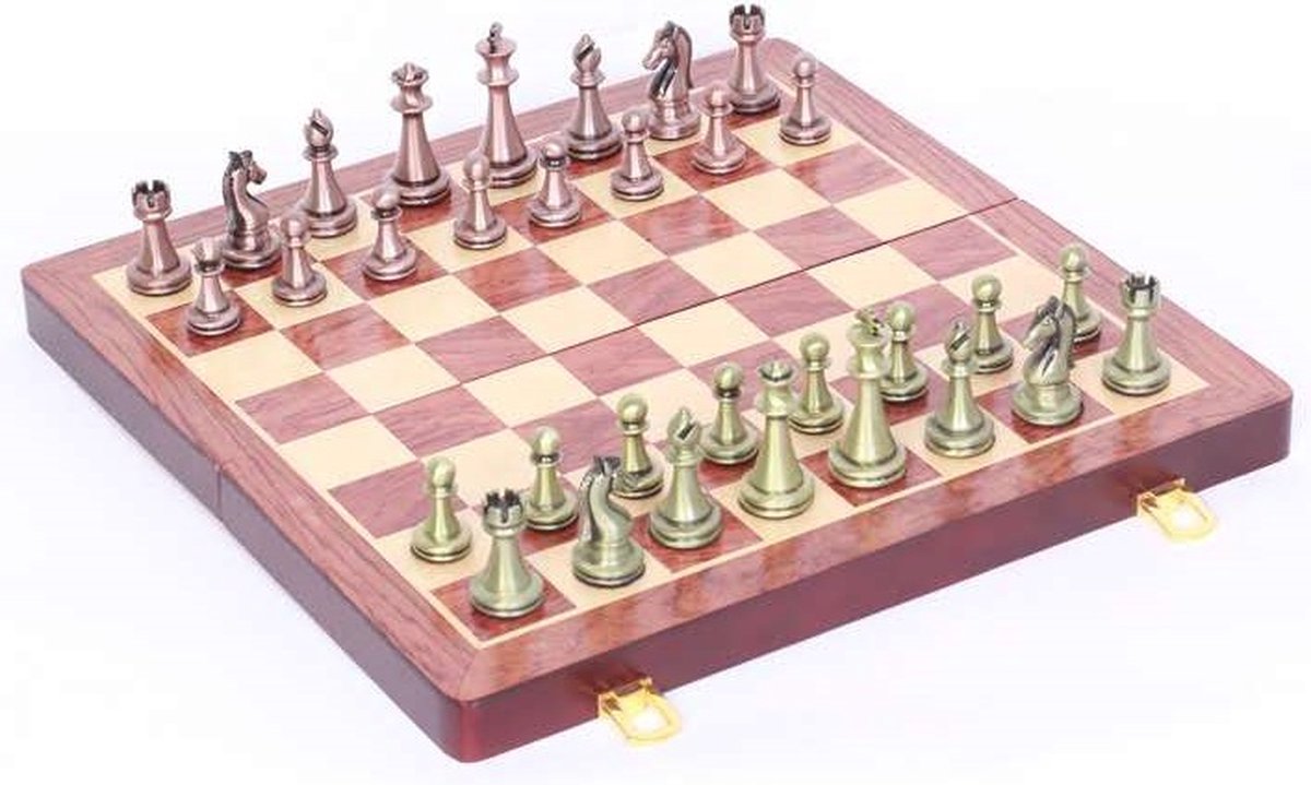 WK Massief houten schaakset - met metalen bronzen schaakstukken - prachtig detailontwerp-35*35cm schaakbord - Opvouwbare