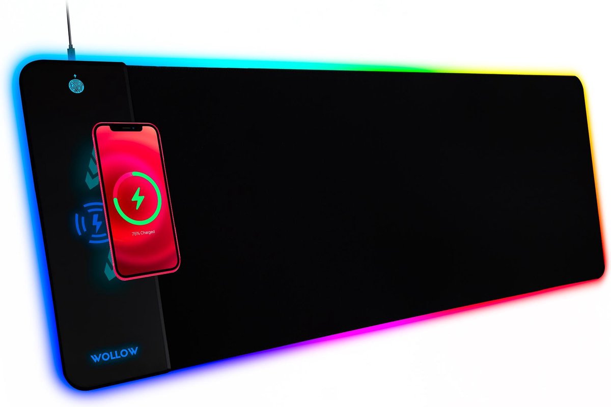 WOLLOW® Gaming Muismat XXL - Draadloze oplader - RGB Led Verlichting - XXL Muismat - Waterproof - Antislip - Zwart