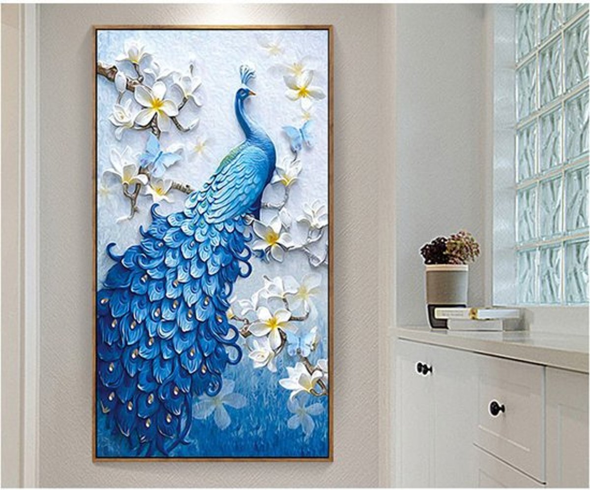 Diamond Painting Pauw – Inclusief Benodigdheden – Ronde Steentjes – 40 x 62 cm – Blauw