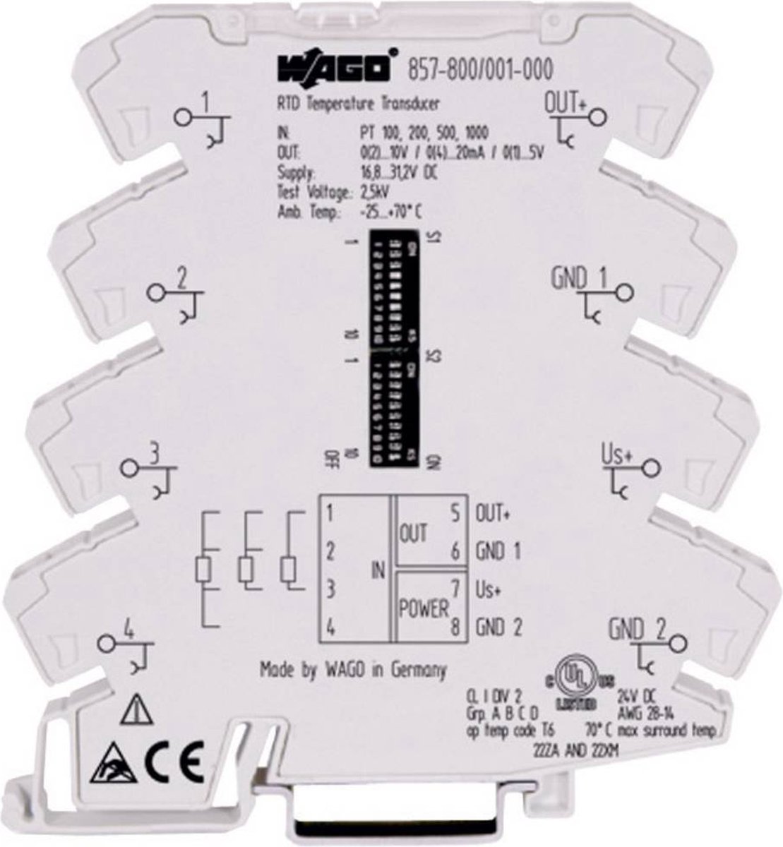 WAGO Configureerbare temperatuurmeetomvormer voor Pt-sensoren en weerstanden 857-800