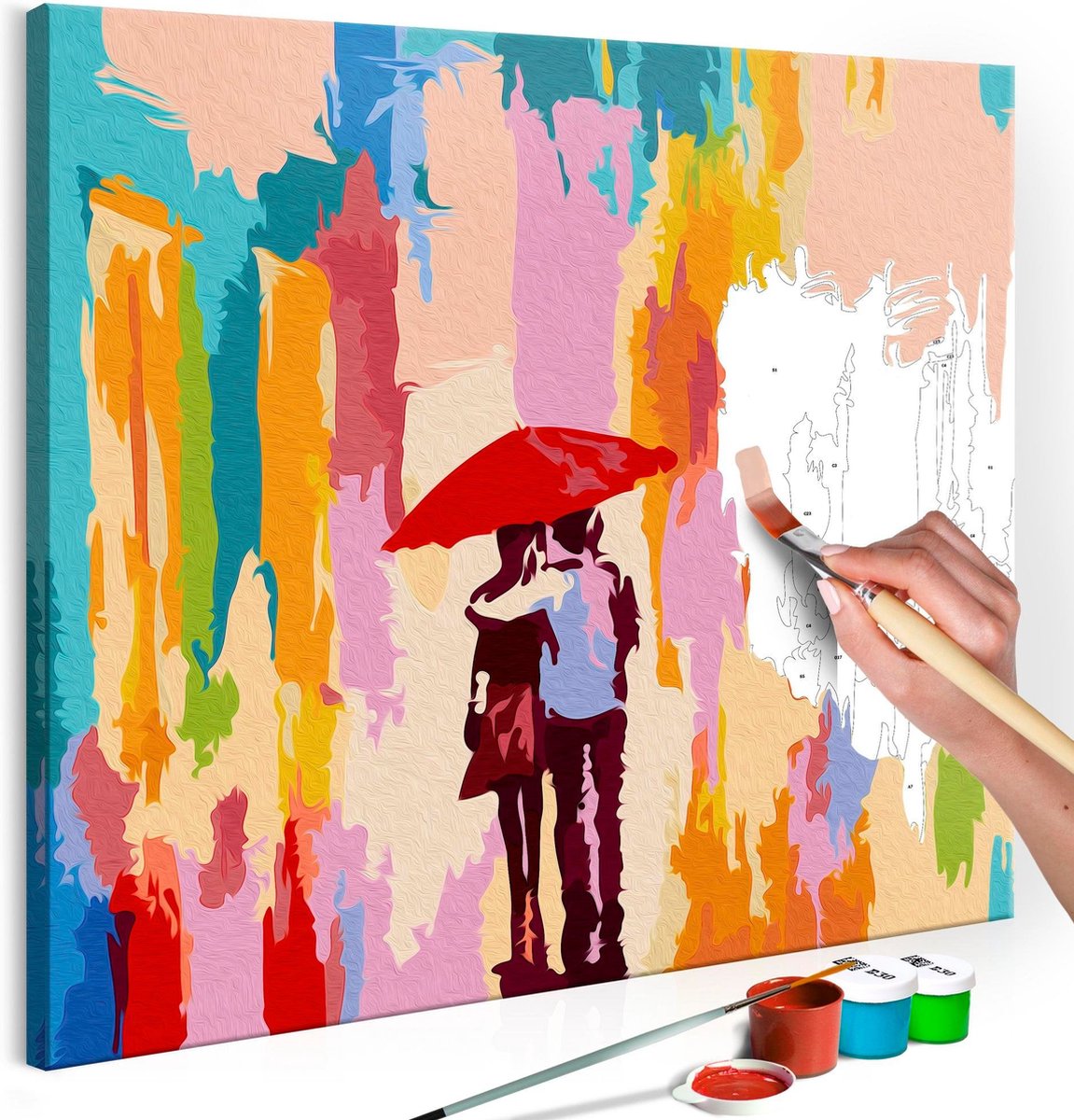 Doe-het-zelf op canvas schilderen - Couple Under An Umbrella (Pink Background)