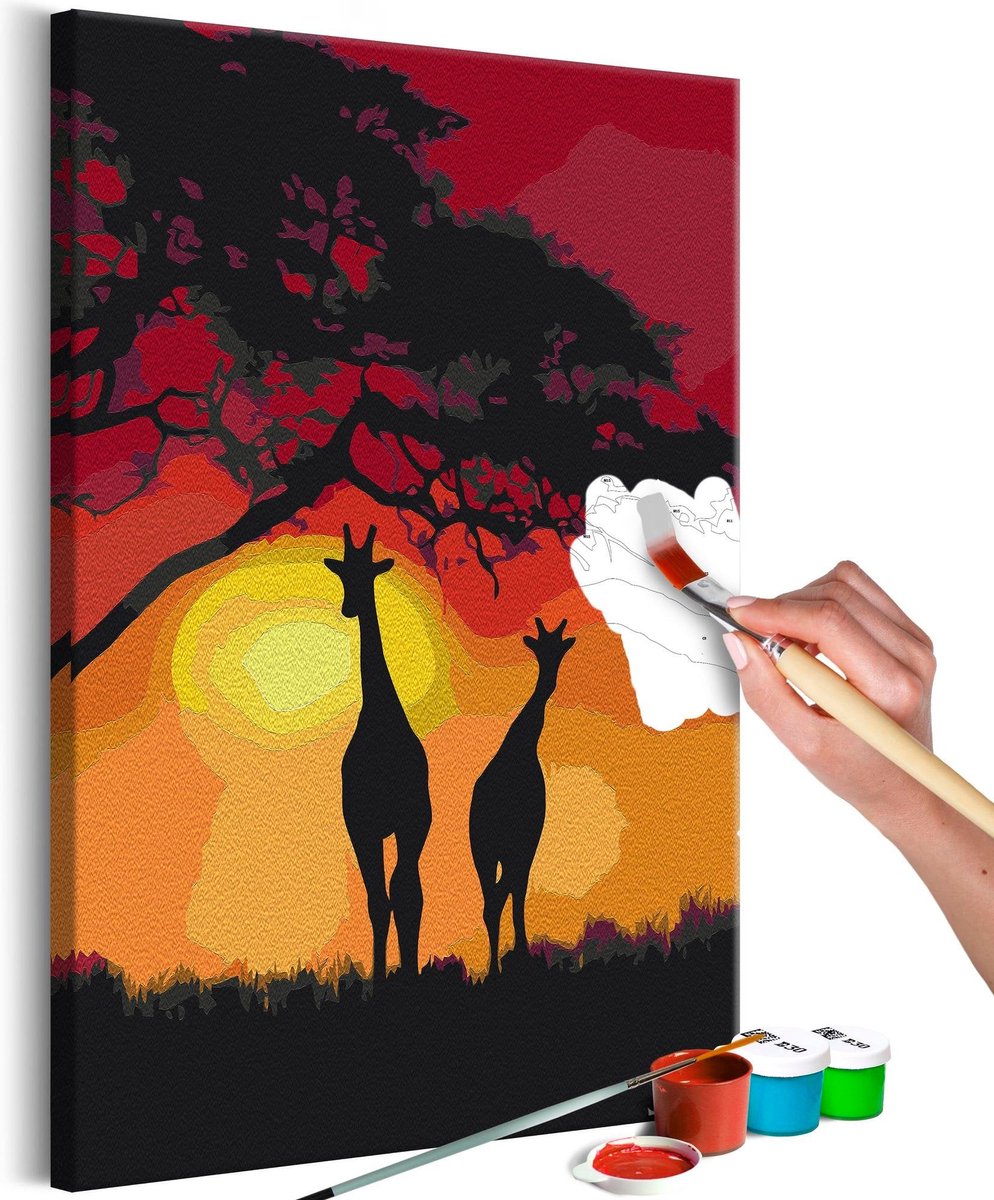 Doe-het-zelf op canvas schilderen - Giraffes and Sunset