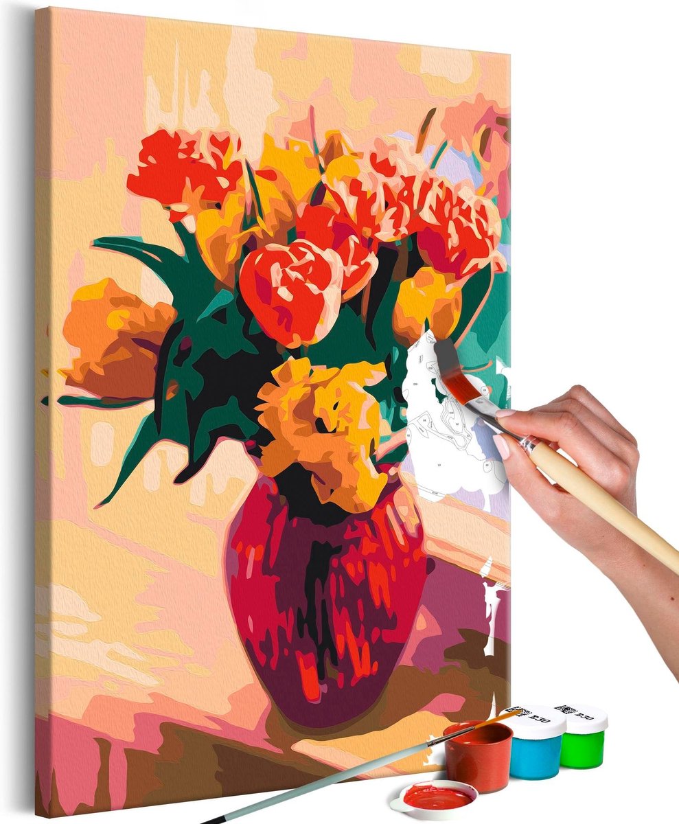 Doe-het-zelf op canvas schilderen - Tulips in Red Vase