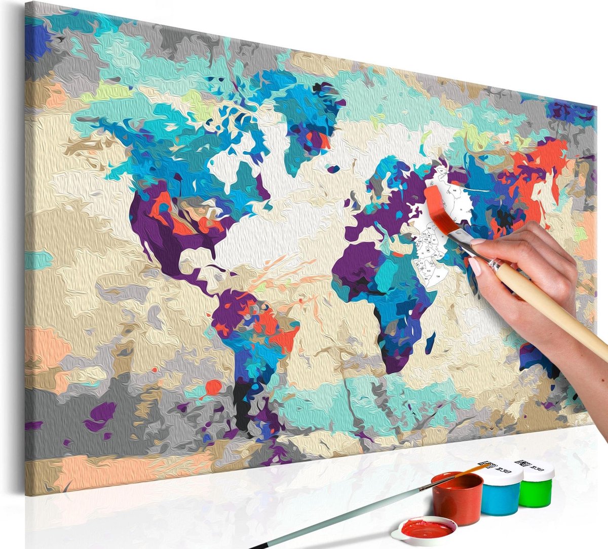 Doe-het-zelf op canvas schilderen - World Map (Blue & Red)