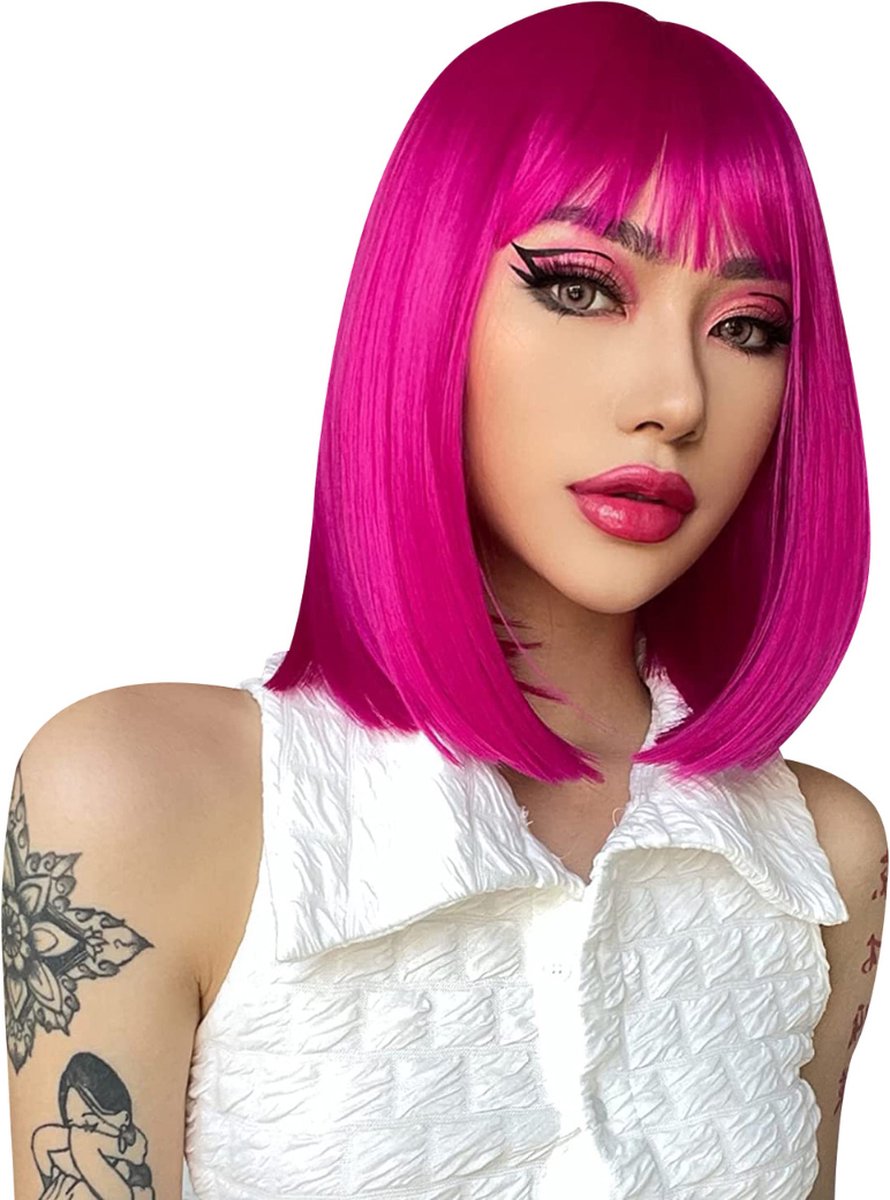 Waris Queen Damespruik – Hair Wig – Haarstuk – Wasbaar – Kambaar – Hoge Kwaliteit – Dames Haar – Kort – Roze – Verfbaar