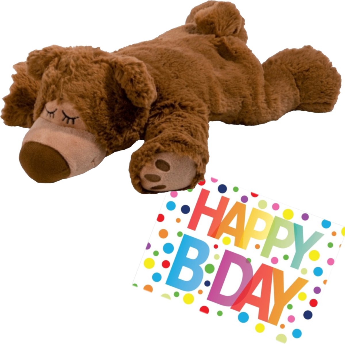 Pluche knuffel magnetron opwarm beer 32 cm met A5-size Happy Birthday wenskaart - Verjaardag cadeau setje