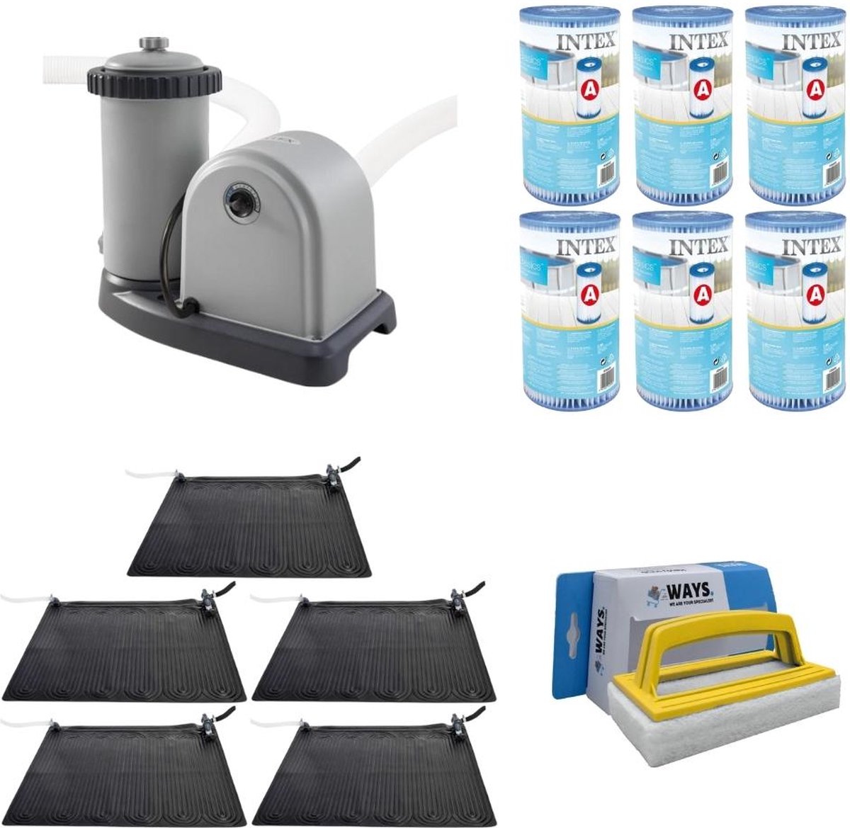 WAYS - Zwembad Onderhoud - 5x Zwembad verwarming & Filterpomp 5678 L/u & 6 Filters Type A & WAYS Scrubborstel