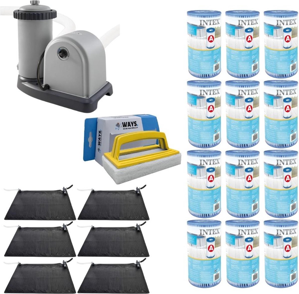 WAYS - Zwembad Onderhoud - 6x Zwembad verwarming & Filterpomp 5678 L/u & 12 Filters Type A & WAYS Scrubborstel