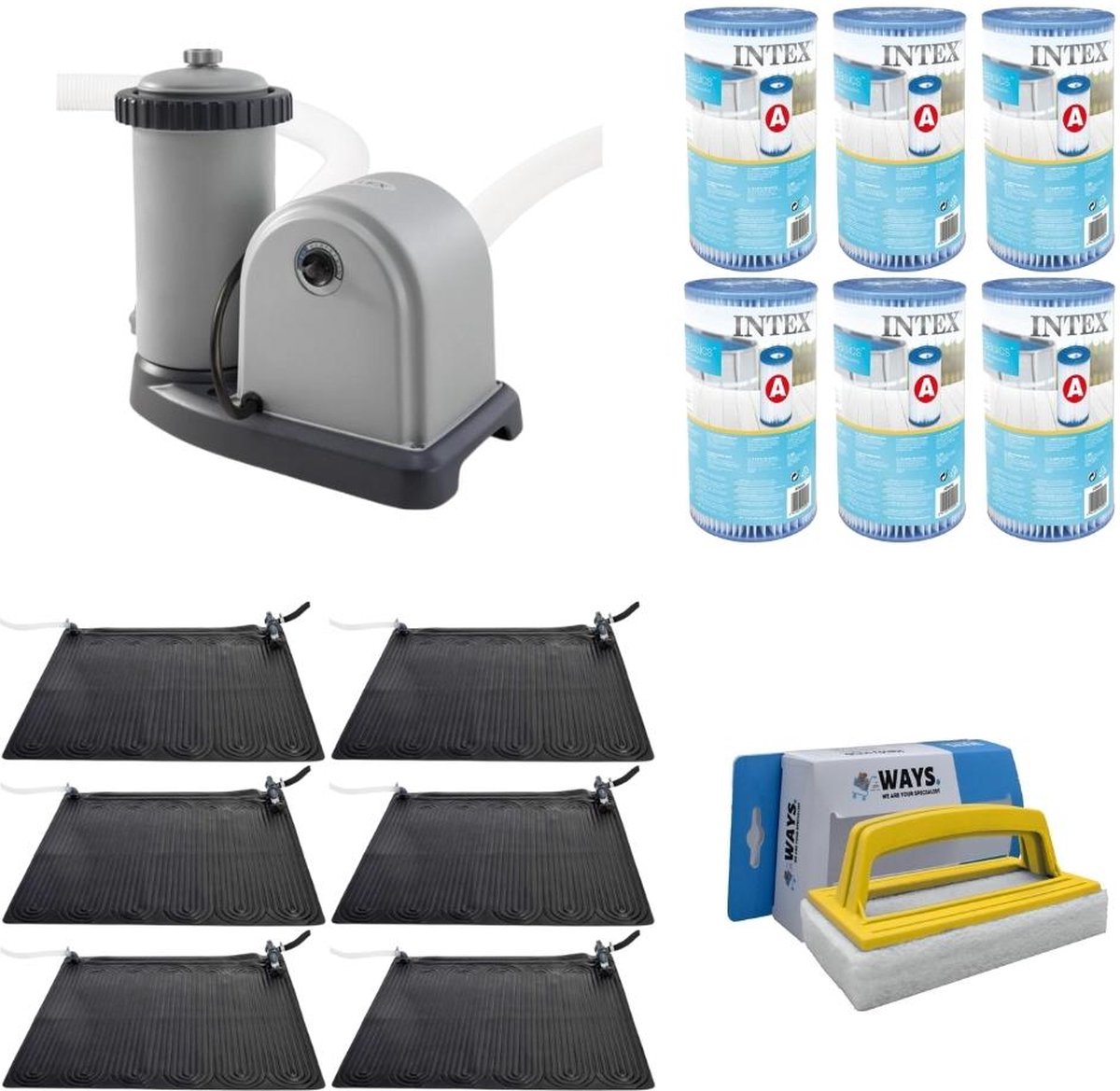 WAYS - Zwembad Onderhoud - 6x Zwembad verwarming & Filterpomp 5678 L/u & 6 Filters Type A & WAYS Scrubborstel