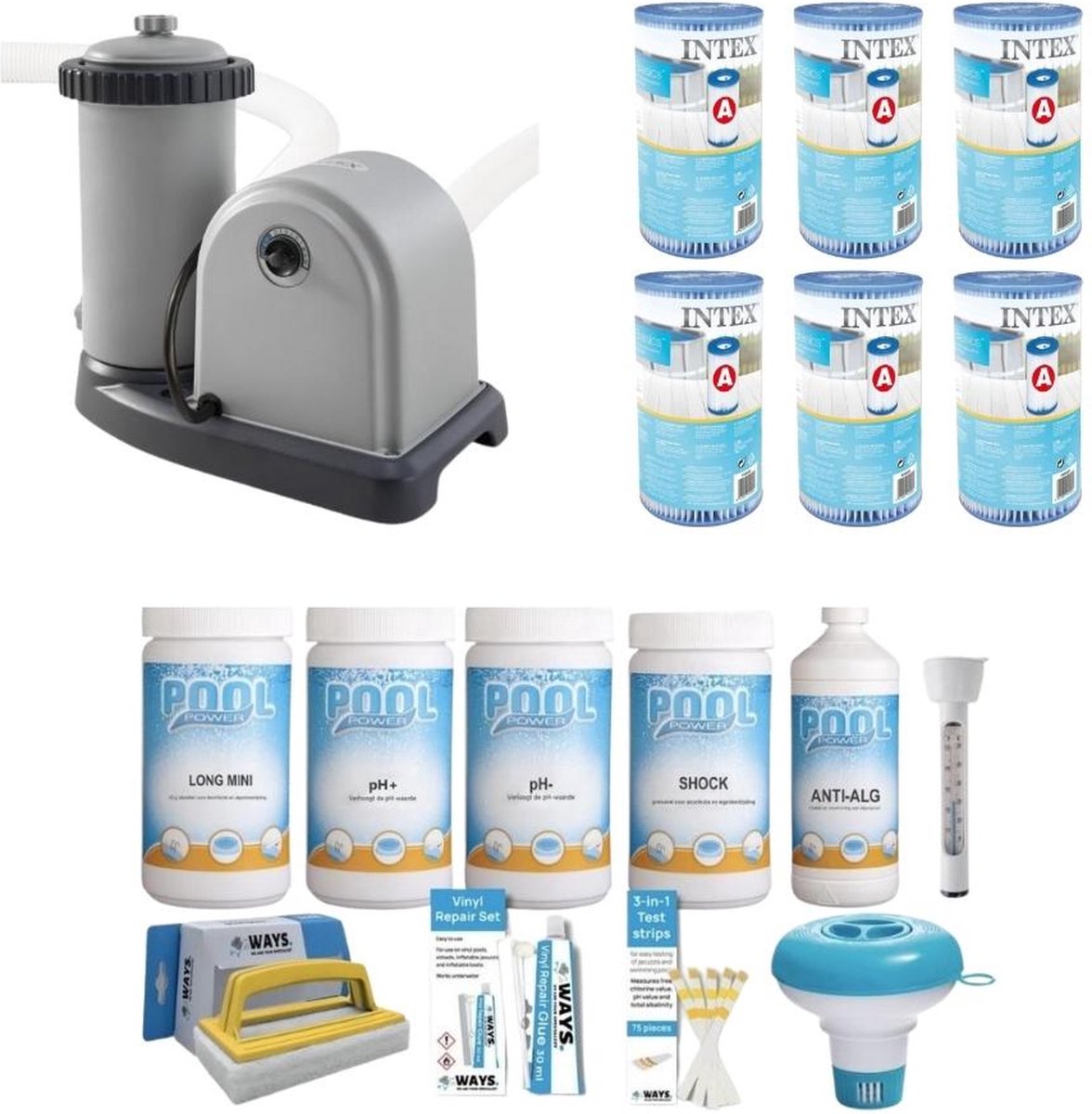 WAYS - Zwembad Onderhoud - Pakket Medium Deluxe & Filterpomp 5678 L/u & 6 Filters Type A