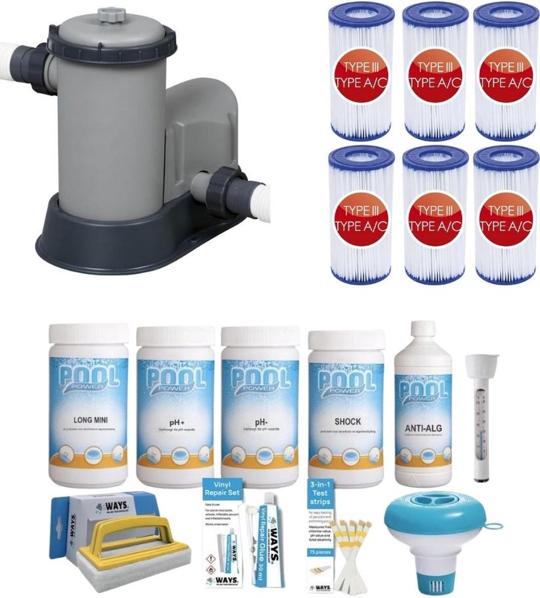 WAYS - Zwembad Onderhoud - Pakket Medium Deluxe & Filterpomp 5678 L/u & 6 Filters Type III