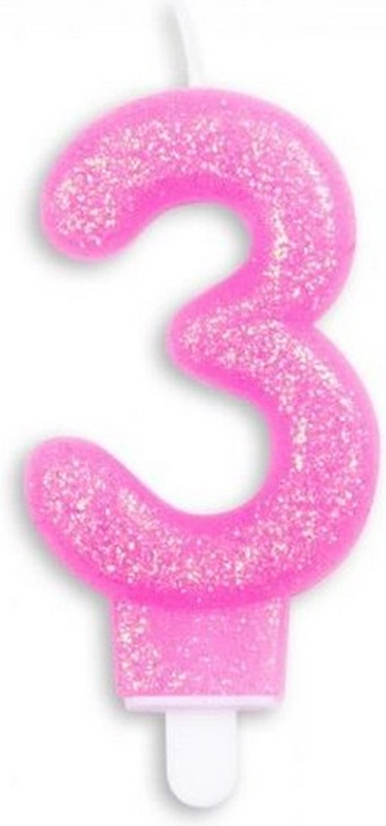 cijferkaars 3 glitter 7 cm wax roze