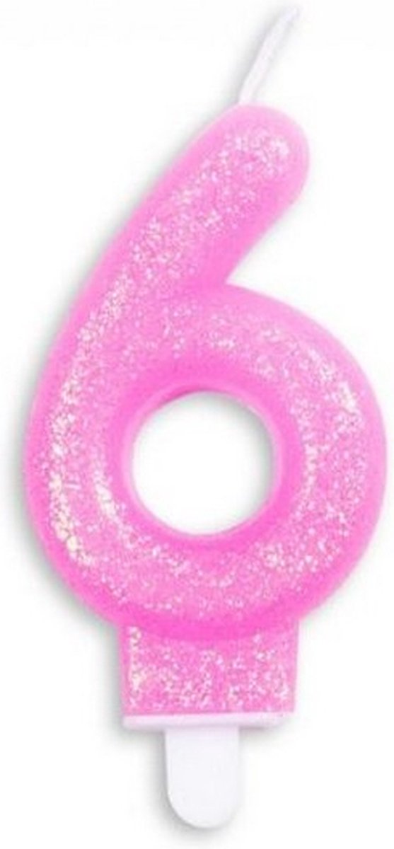 cijferkaars 6 glitter 7 cm wax roze