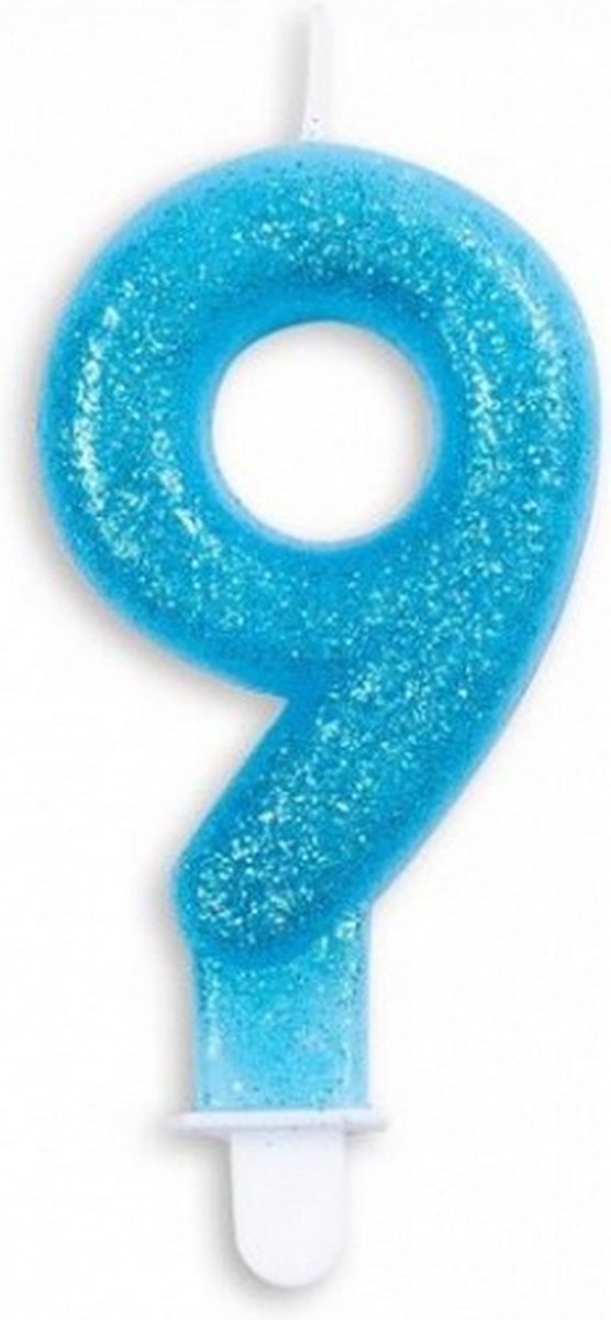 cijferkaars 9 glitter 7 cm wax blauw