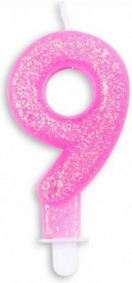 cijferkaars 9 glitter 7 cm wax roze