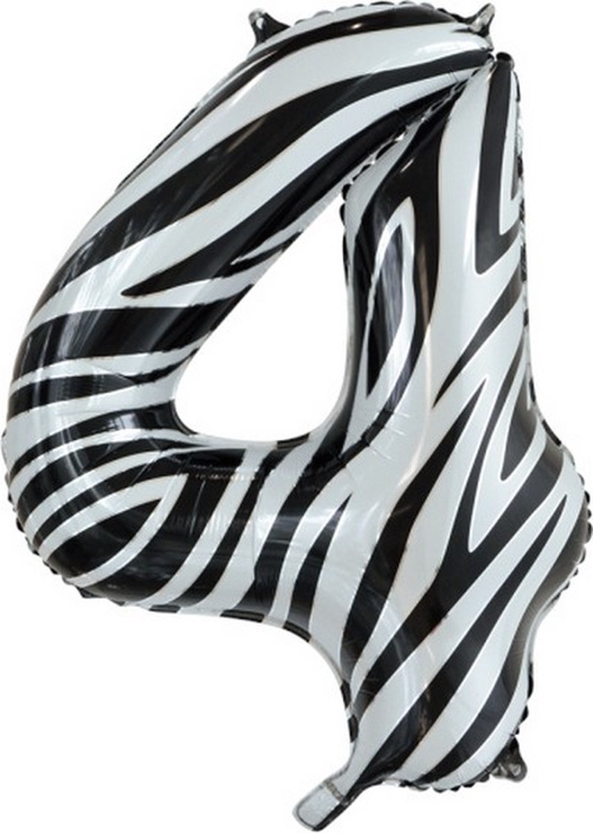 folieballon cijfer 4 zebra 86 cm zwart/wit