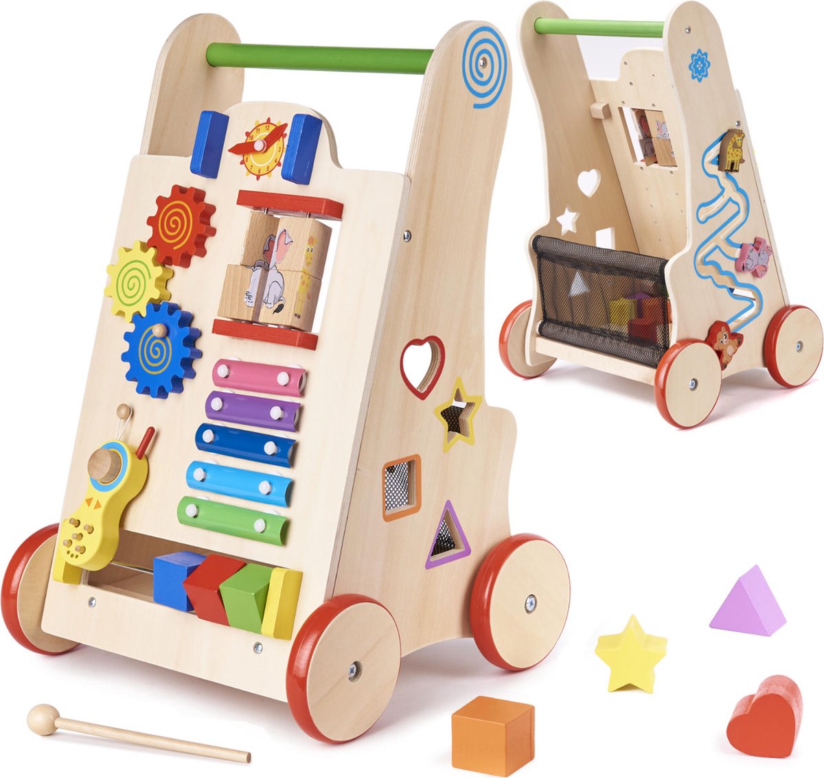 Houten loopduwer educatieve kubus 6in1 looptrainer baby peuter