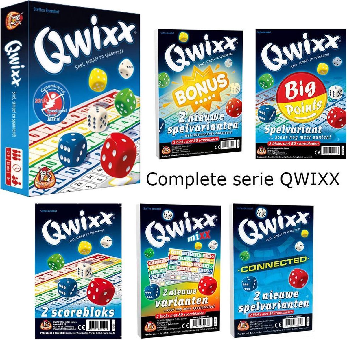 QWIXX Dobbelspel Familie COMPLEET:  QWIXX met alle extra Scoreblokken: MIX, BONUS, CONNECTED, BIG POINTS en Extra Scoreblokken