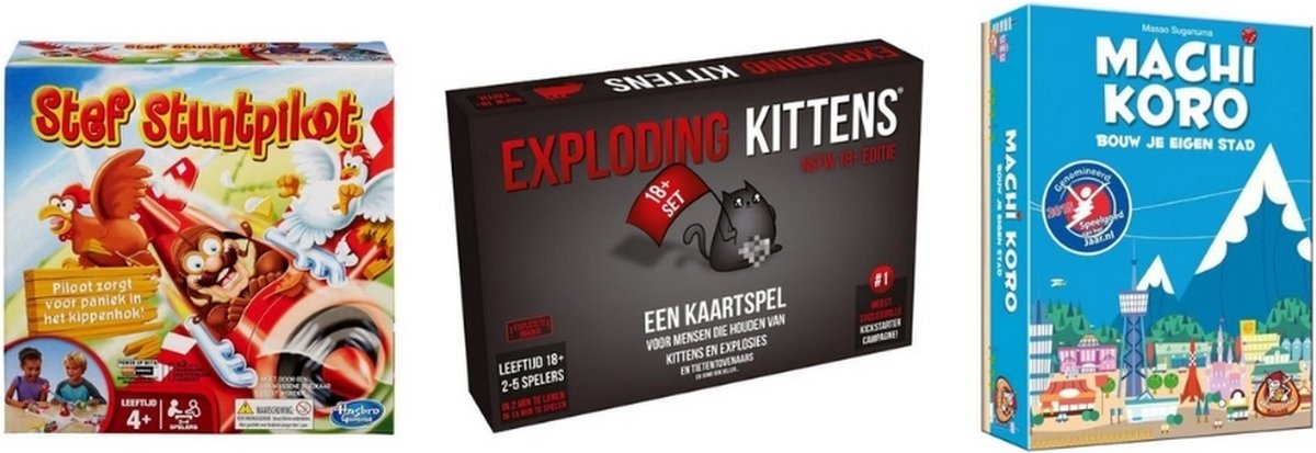 Spellenbundel - 3 Stuks - Exploding Kittens NSFW (18+) & Machi Koro Basisspel & Stef Stuntpiloot