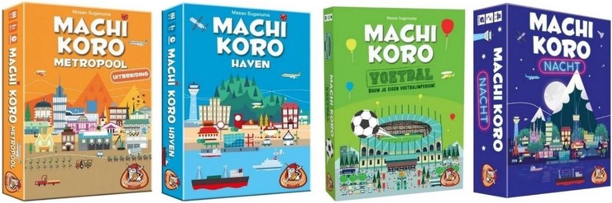 Spellenbundel - 4 stuks - Machi Koro - Uitbreidingen Metropool en Haven & Nacht editie & Voetbal editie